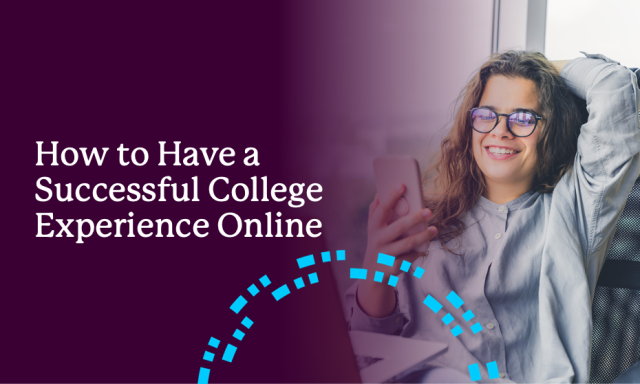 A young woman sits in front of a computer and chats on a video call with a student advisor from a self paced online college